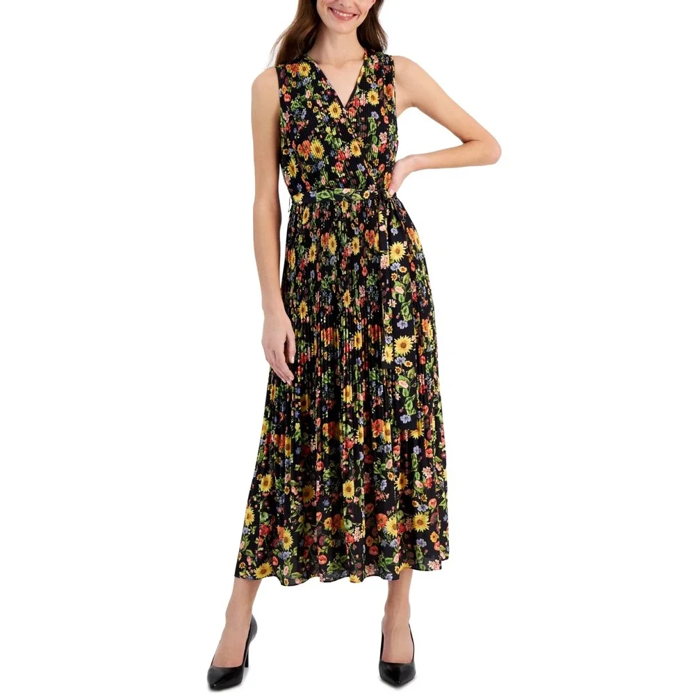 T Tahari sizeS Black Floral Print Pleated Midi Dress Sleeveless V Neck Tie Waist